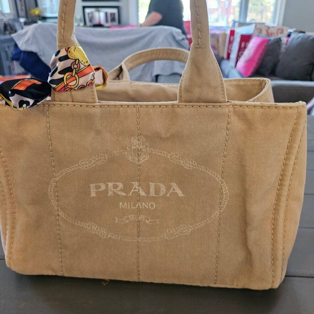 Prada Women's Beige Enameled Metal Triangle Canapa Tote Bag With Twilly - Picture 6 of 16